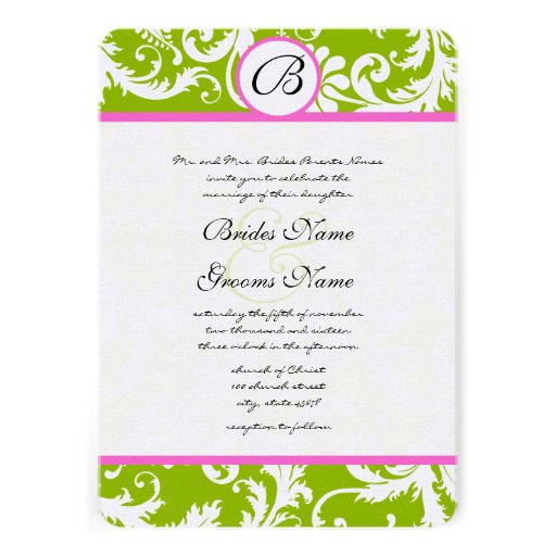 Apple Green & Pink Damask Swirl Wedding Invitation 5" X 7" Invitation