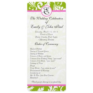 Apple Green & Pink Damask Swirls Wedding Program invitation