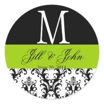 Apple Green Wedding Monogram Date Damask Sticker
