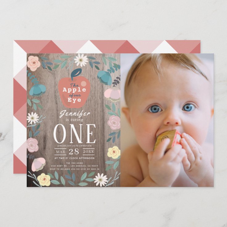 Apple Of Our Eye Wood Girl Photo 1st Birthday Invitation Zazzle