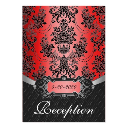 Apple Red & Black Damask Wedding Reception Cards Business Card Template (front side)