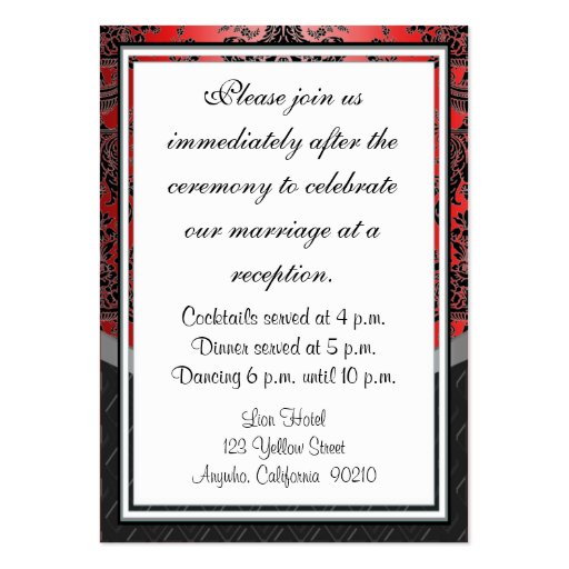 Apple Red & Black Damask Wedding Reception Cards Business Card Template (back side)