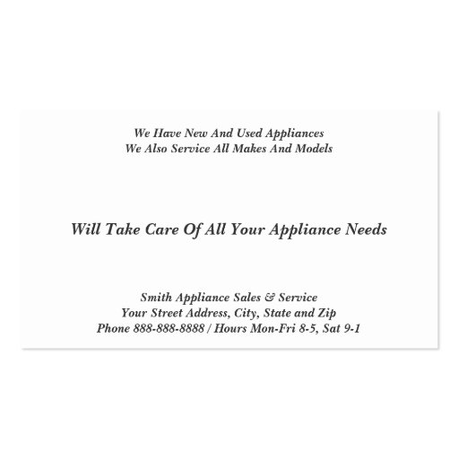 Appliance Sales and Repair Service Business Card (back side)