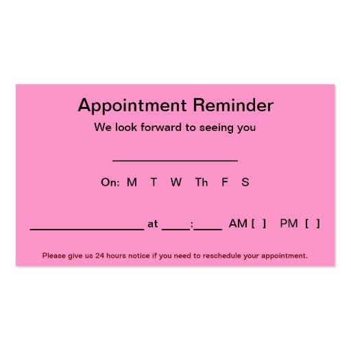 Appointment Reminder Cards (100 pack-Light Pink) Business Card (front side)