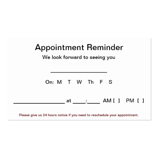 Appointment Reminder Cards (100 pack-White) Business Card Templates (front side)