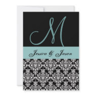 Aqua and Black Damask Wedding Monogram Template invitation