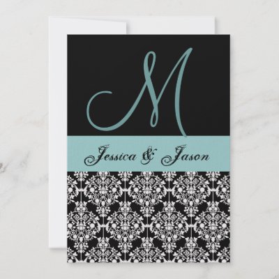 Aqua and Black Damask Wedding Monogram Template Personalized Invite by 