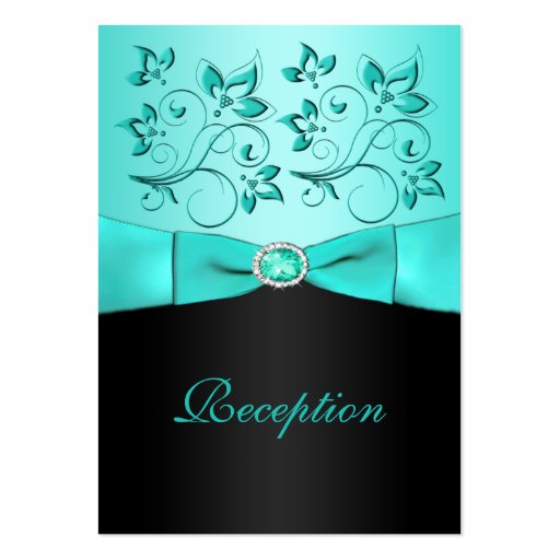 Aqua and Black Floral II Reception Card Business Card Template (front side)