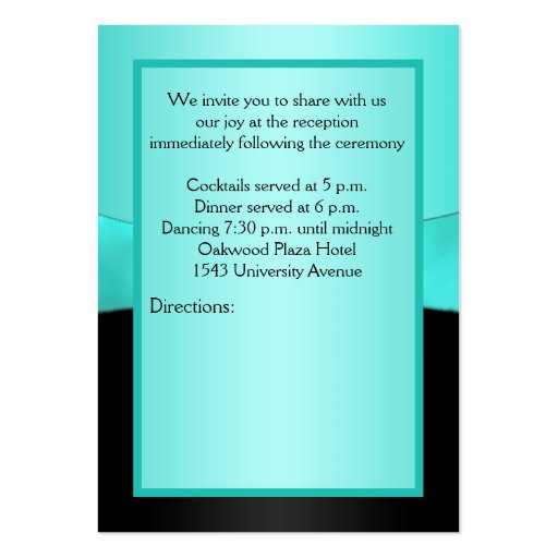 Aqua and Black Floral II Reception Card Business Card Template (back side)