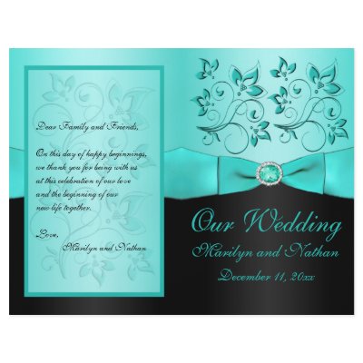 Aqua and Black Floral II Wedding Program Flyers by NiteOwlStudio