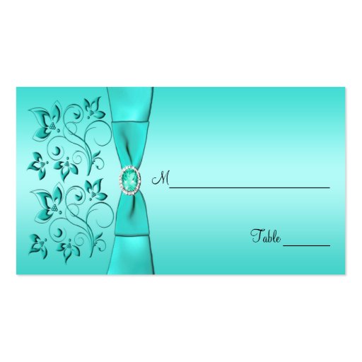 Aqua and Black Floral Placecards Business Card Templates (back side)
