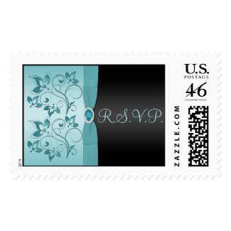 Aqua and Black Floral RSVP Postage stamp