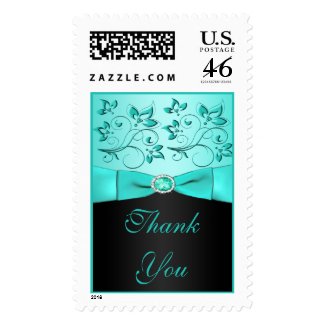 Aqua and Black Floral Thank You Postage stamp