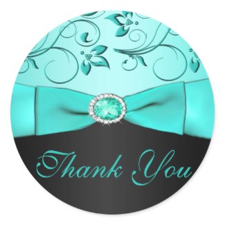 Aqua and Black Floral Thank You Sticker sticker
