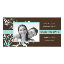 Aqua and Brown Floral Save the Date Photo Cards