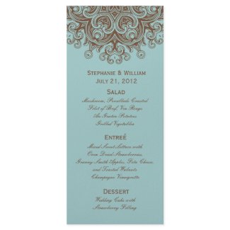Aqua and Brown Wedding Menu Rack Card