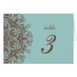 Aqua and Brown Wedding Table Number Card