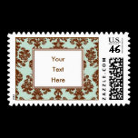 Aqua and Chocolate Damask Custom Postage