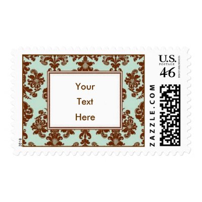 Aqua and Chocolate Damask Custom Postage by SweetRascal