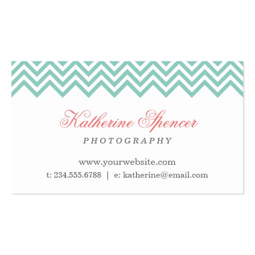 Aqua and Coral Modern Chevron and Polka Dots Business Card (front side)