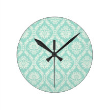 aqua and cream fleur elegant damask round wall clocks