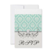 aqua and cream fleur elegant damask personalized invitations