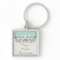 aqua and cream fleur elegant damask key chain