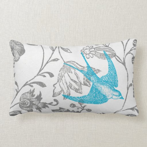Aqua and Gray Vintage Modern Floral Bird Pattern Throw Pillow Zazzle