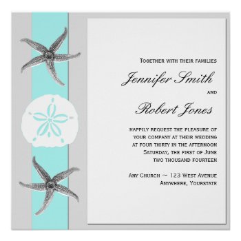 Aqua and Grey Band Starfish Wedding Personalized Announcement