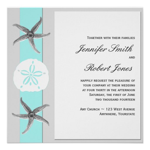 Aqua and Grey Band Starfish Wedding Personalized Announcement