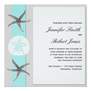 Aqua and Grey Band Starfish Wedding 5.25x5.25 Square Paper Invitation Card