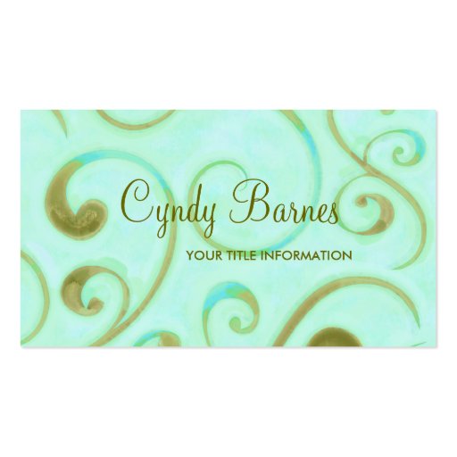 Aqua and Olive Green Swirls Business Card (front side)