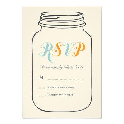 Aqua and Orange Vintage Mason Jar Wedding RSVP Personalized Invites