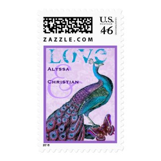 Aqua and Purple Wedding LOVE Peacock V05 Stamp