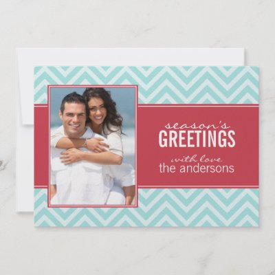 Aqua and Red Chic Chevrons Custom Holiday Cards