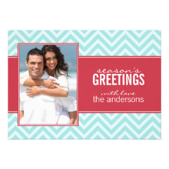 Aqua and Red Chic Chevrons Custom Holiday Cards