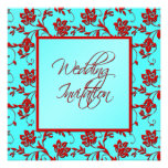Aqua and Red Floral Wedding Invitation