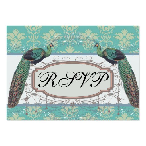 aqua and sage lovely peacock damask pattern business card template (front side)