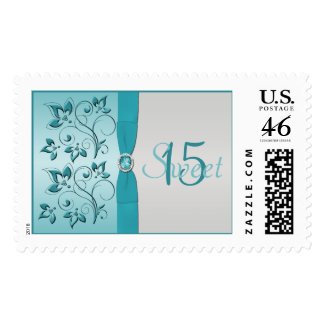 Aqua and Silver Floral Quinceanera Postage stamp