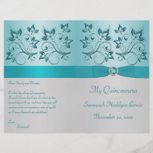 Aqua and Silver Floral Quinceanera Program Personalized Flyer