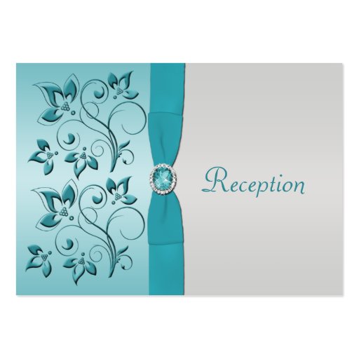Aqua and Silver Floral Reception Card Business Card Template (front side)