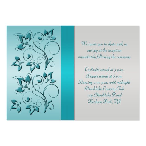 Aqua and Silver Floral Reception Card Business Card Template (back side)