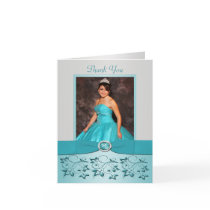 Aqua and Silver Floral Thank You card with Photo