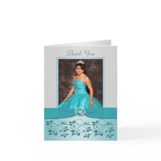 Aqua and Silver Floral Thank You card with Photo card