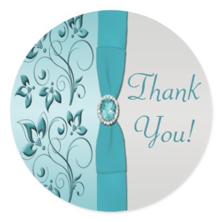 Aqua and Silver Floral Thank You Sticker sticker