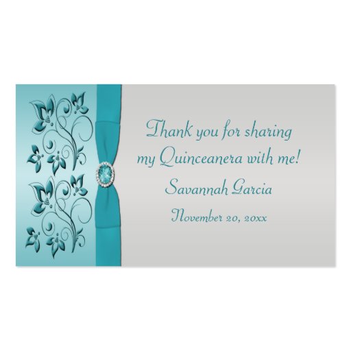 Aqua and Silver Quinceanera/Sweet 16 Favor Tag Business Card Templates (front side)