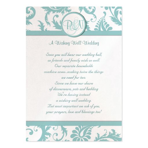Aqua and White Damask Aqua Trim Wishing Well Business Card Templates (front side)