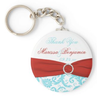Aqua and White Damask with Red Faux Ribbon keychain