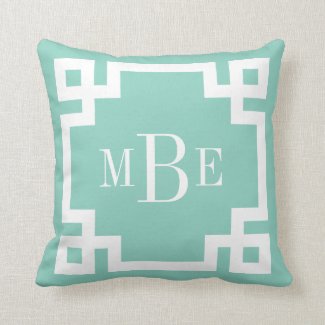 Aqua and White Greek Key Monogram Pillows