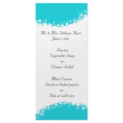 Aqua and White Snowflake Reception Menu Customized Rack Card by Lilleaf